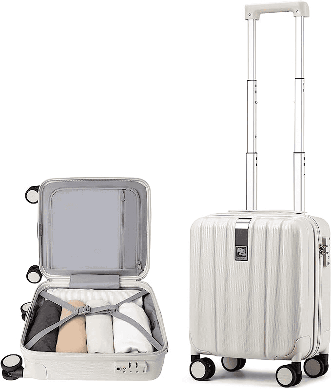 white hard-side under-seat suitcase