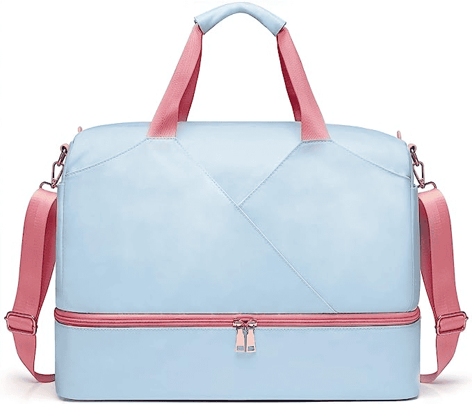 light blue and pink women's gym duffel bag
