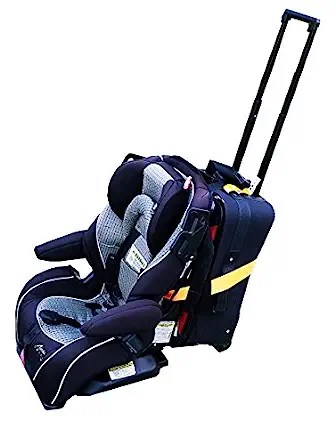 yellow strap that attaches car seat to rolling suitcase