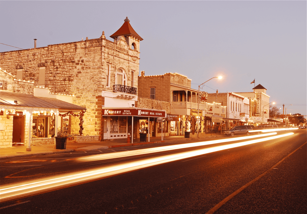 Downtown Fredericksburg, TX at dusk